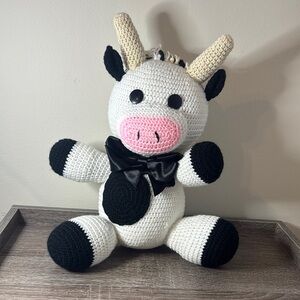 Crochet Cow Plush with Black Bow